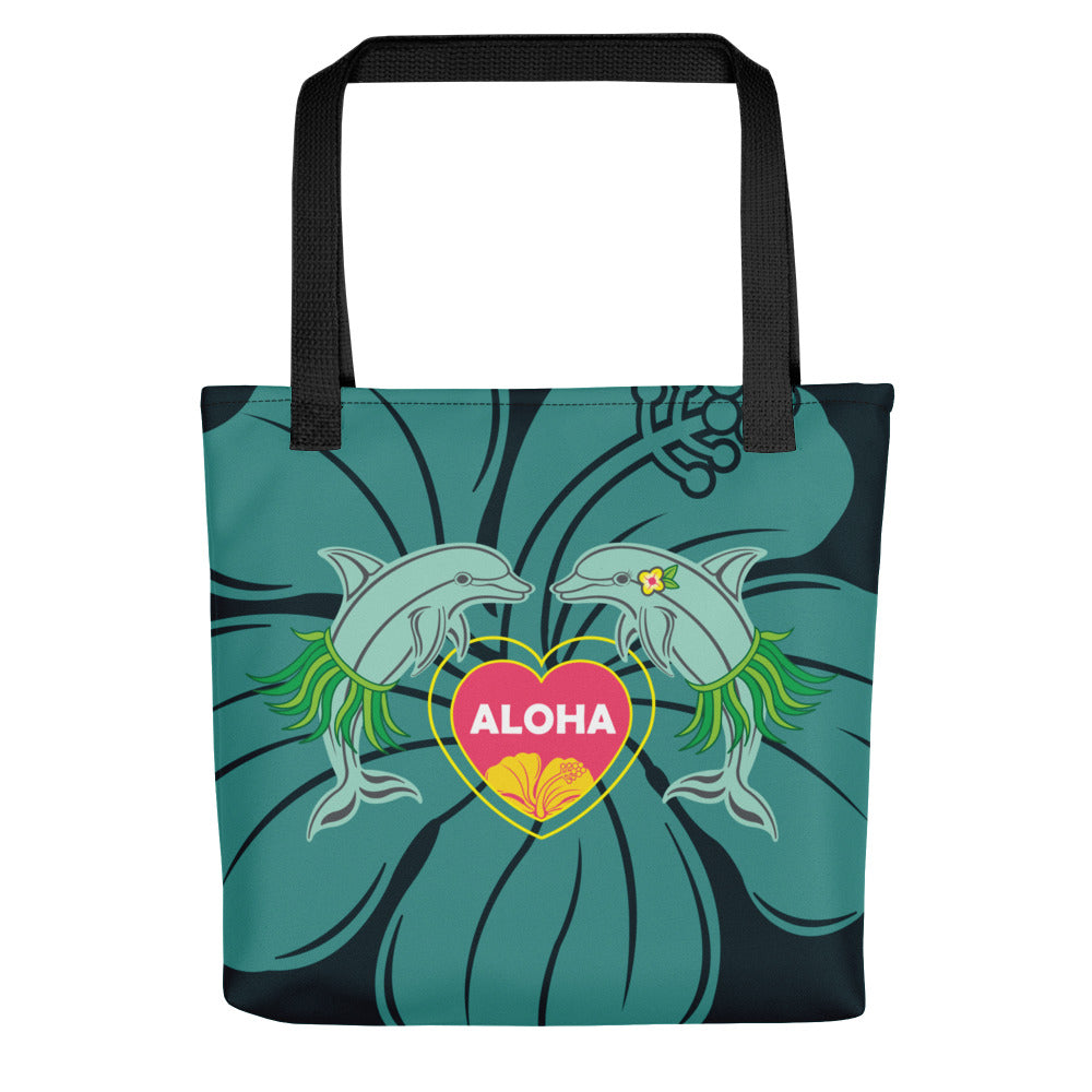Hawaiian Dolphin Aloha Heart Tote Bag - Hula Hawaii Hibiscus Ocean Sea Life Tropical Teal