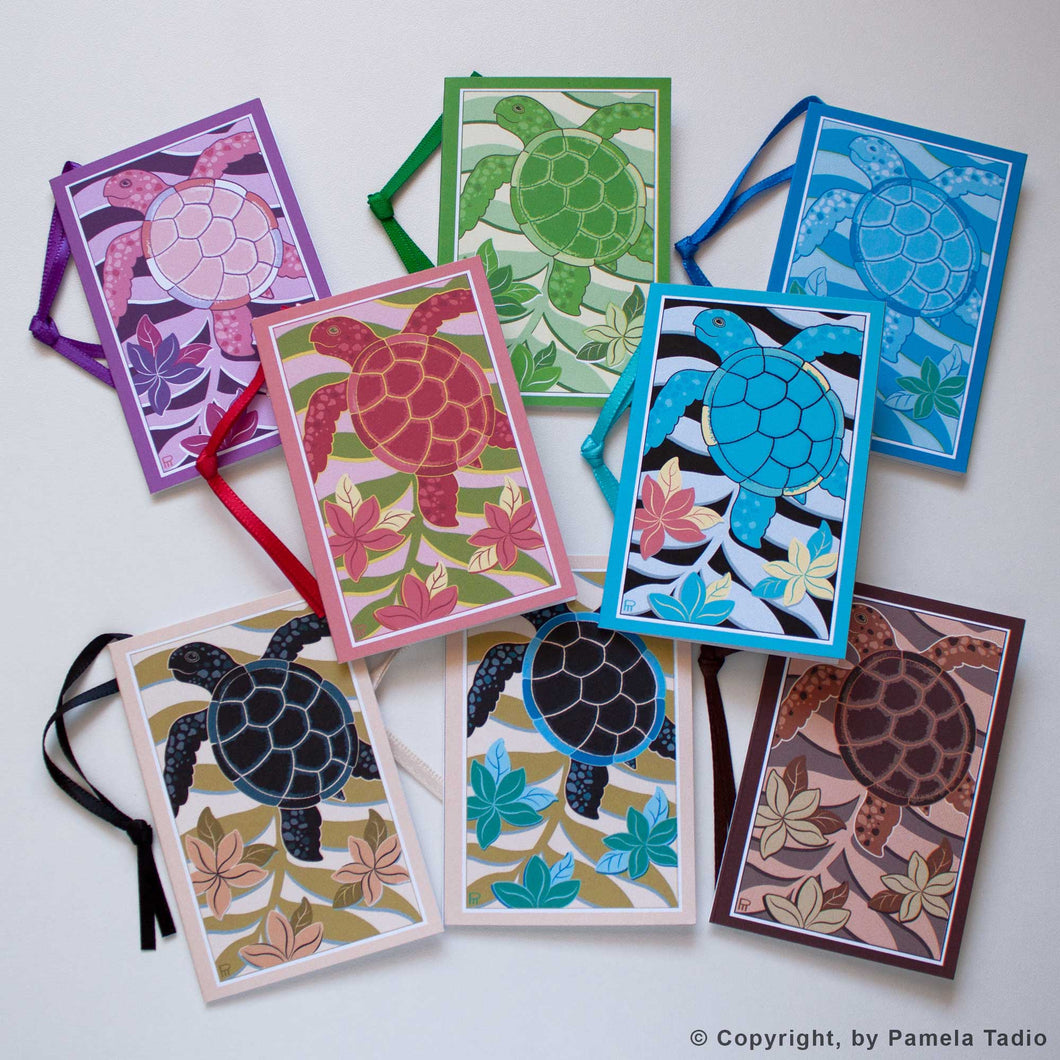 Set of 8 Hawaiian Honu Sea Turtle Gift Tags with Matching Color Ribbon