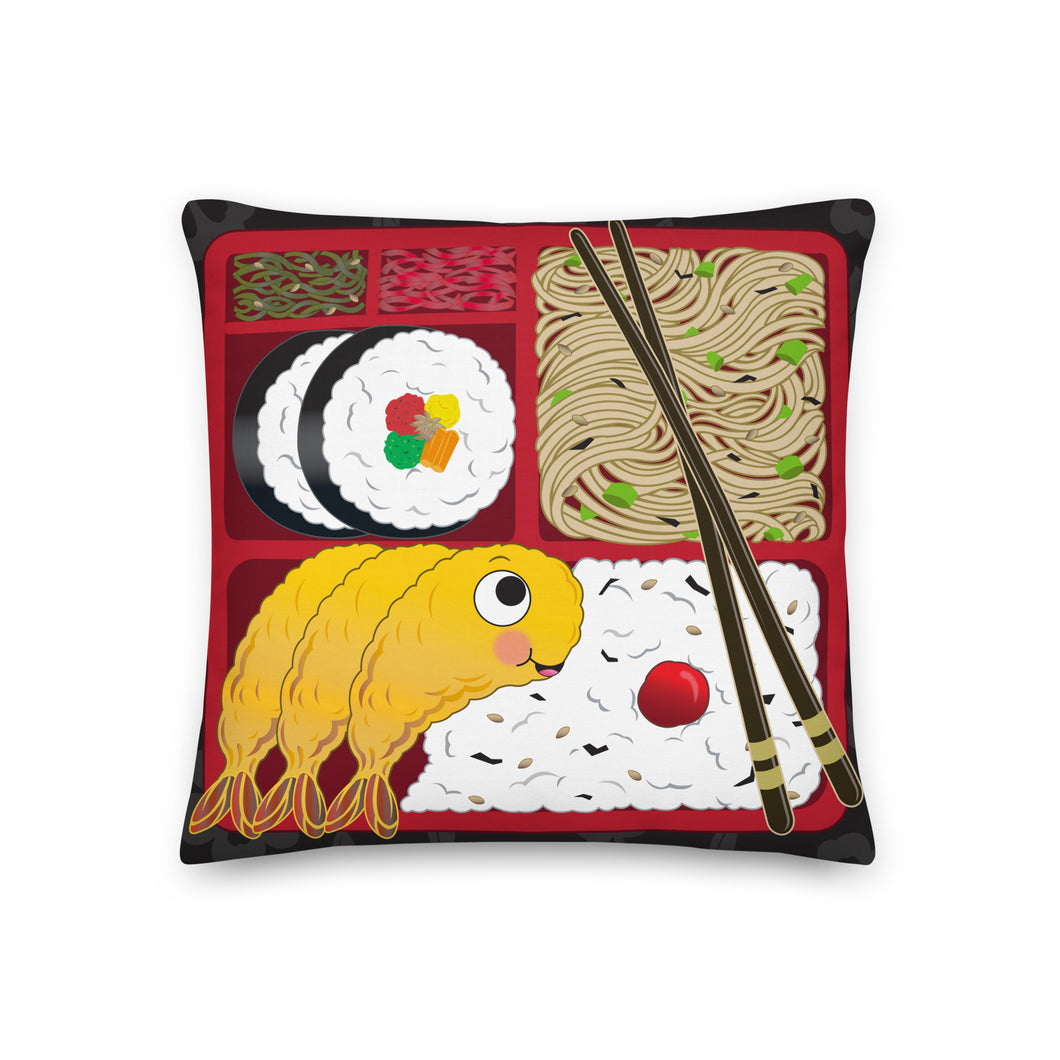 Shrimp Tempura Bento Pillow - Square Throw Pillow, Food, Noodles, Sushi, Hawaii, Japan, Asian, Red