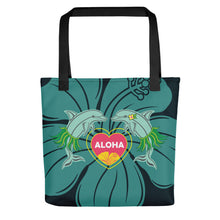 Load image into Gallery viewer, Hawaiian Dolphin Aloha Heart Tote Bag - Hula Hawaii Hibiscus Ocean Sea Life Tropical Teal
